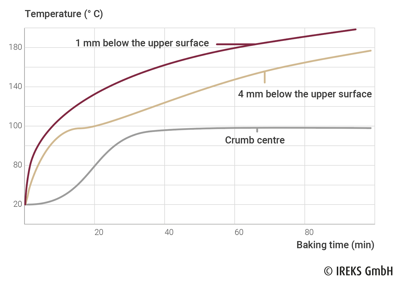 Temperature profile of the center of the crumb and under the baked bakery surface 